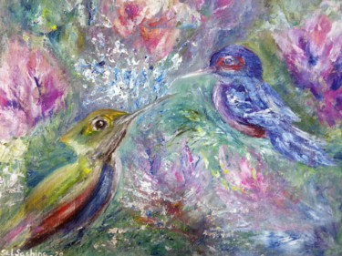 Painting titled "Hummingbirds and fl…" by Selena Sashina, Original Artwork, Oil Mounted on Wood Stretcher frame