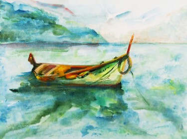 Schilderij getiteld "Green Canoe" door Selena Sashina, Origineel Kunstwerk, Aquarel