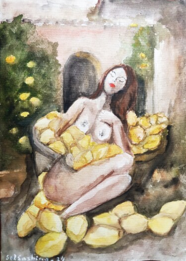 Peinture intitulée "Girl with a basket…" par Selena Sashina, Œuvre d'art originale, Aquarelle