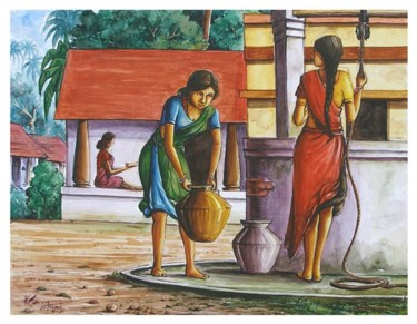 Malerei mit dem Titel "South indian villag…" von Selva, Original-Kunstwerk, Aquarell