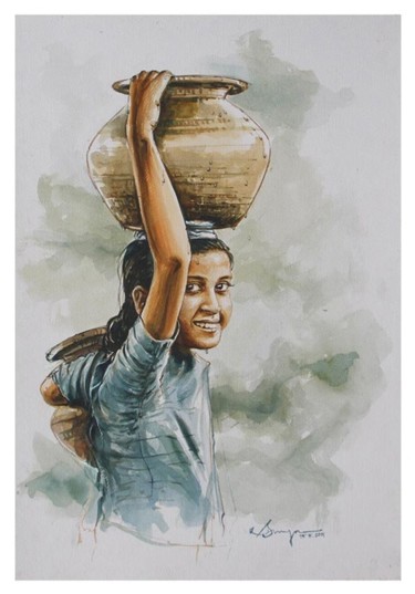 Painting titled "Indian Girl" by Selva, Original Artwork, Watercolor