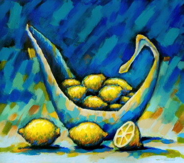 Painting titled "Lemons on Blue Back…" by Evgen Semenyuk, Original Artwork, Oil