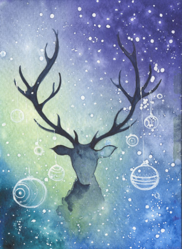 Schilderij getiteld "Deer small watercol…" door Nadezhda Opekunova (Lillas Art), Origineel Kunstwerk, Aquarel