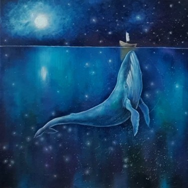 Pittura intitolato "Whale and boat unde…" da Nadezhda Opekunova (Lillas Art), Opera d'arte originale, Olio Montato su Telaio…