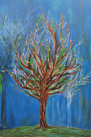 Ζωγραφική με τίτλο "Trees in the backya…" από Seon Young Park, Αυθεντικά έργα τέχνης, Ακρυλικό