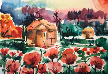 Painting titled "poppies1963.jpg" by Serik Bakhretdinov, Original Artwork, Watercolor