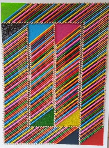Schilderij getiteld "crayons de couleurs…" door Serge Arnaud, Origineel Kunstwerk, Potlood Gemonteerd op Frame voor houten b…