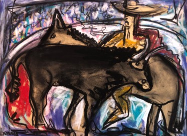 Schilderij getiteld "La corrida" door Serge Berry, Origineel Kunstwerk, Pastel