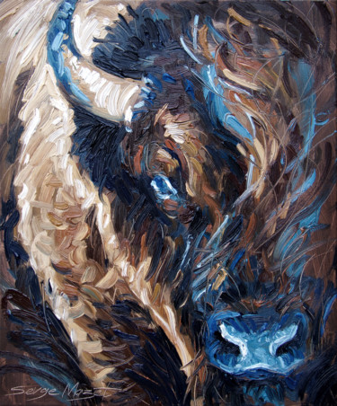 Painting titled "Bison Bleu" by Serge Mazet, Original Artwork, Oil