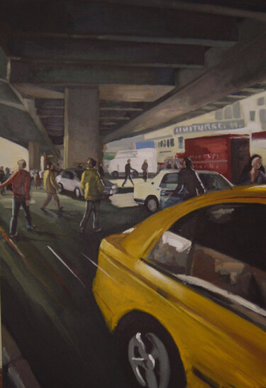 Painting titled "Trafic sur Mecidiye…" by Serge Salis, Original Artwork, Acrylic Mounted on Wood Stretcher frame