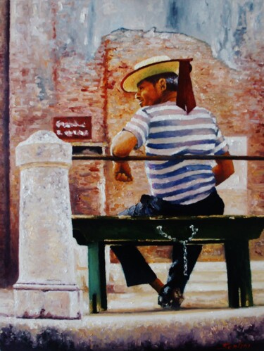 Painting titled "gondolier la pause" by Serge Santini, Original Artwork, Oil Mounted on Cardboard