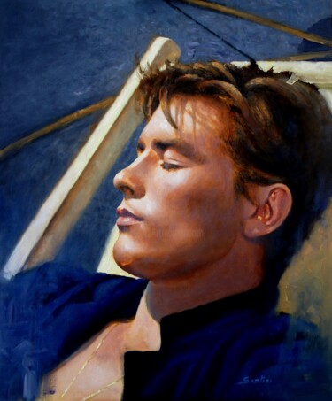 Painting titled "Alain Delon plein s…" by Serge Santini, Original Artwork, Oil Mounted on Cardboard