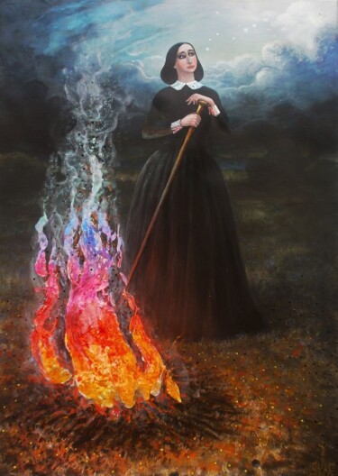 Картина под названием "Женщина жжёт сорняки" - Serge Sunne, Подлинное произведение искусства, Акрил