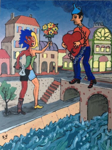 Pintura intitulada "Les amants" por Serge Voulouzan, Obras de arte originais, Acrílico Montado em Cartão