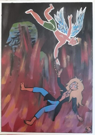 Painting titled "La chaîne" by Serge Voulouzan, Original Artwork, Acrylic Mounted on Cardboard