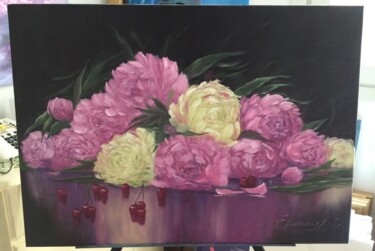 Pintura intitulada "Peonies with cherri…" por Sergei Jermolajev, Obras de arte originais, Óleo