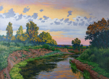 Painting titled "Пейзаж с рекой." by Sergei Krupkin, Original Artwork, Oil