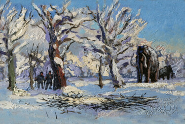 Peinture intitulée "mammoth hunting" par Sergei Krupkin, Œuvre d'art originale, Huile