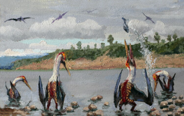Peinture intitulée "Pterodactel fishing" par Sergei Krupkin, Œuvre d'art originale, Huile