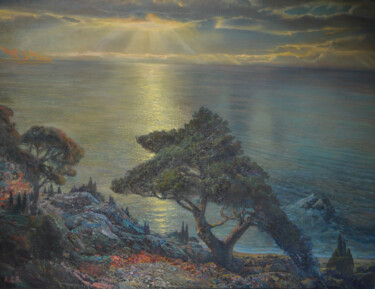 Painting titled "Sea evening" by Sergei Lisitsyn, Original Artwork, Oil Mounted on Wood Stretcher frame