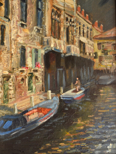 Pittura intitolato "Venice' street 1" da Sergei Lisitsyn, Opera d'arte originale, Olio Montato su Cartone