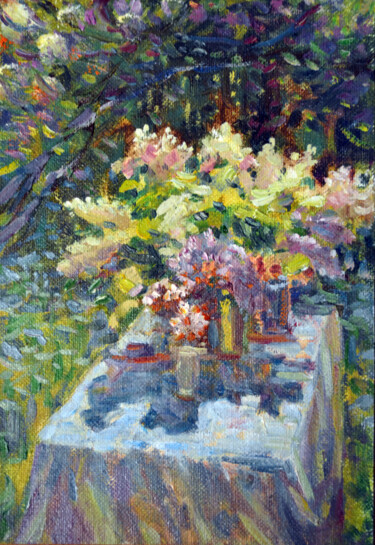 Painting titled "Lilas" by Sergei Lisitsyn, Original Artwork, Oil Mounted on Cardboard
