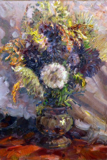 Painting titled "Autumn flowers" by Sergei Lisitsyn, Original Artwork, Oil Mounted on Cardboard