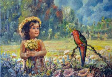 Pintura titulada "Girl picking flowers" por Sergei Lisitsyn, Obra de arte original, Oleo