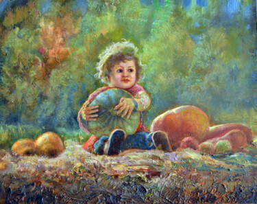Schilderij getiteld "Child with watermel…" door Sergei Lisitsyn, Origineel Kunstwerk, Olie Gemonteerd op Karton