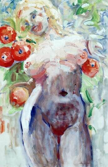 Painting titled "Eve with Apple" by Sergej Jakovlev, Original Artwork, Oil