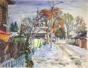 Painting titled "В январе на ул. Про…" by Sergej Smirnov, Original Artwork, Watercolor