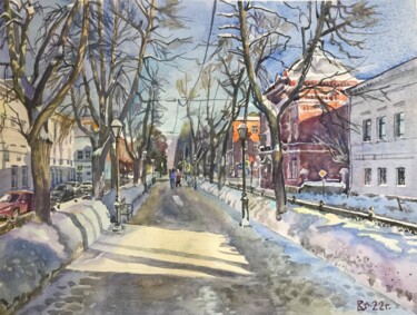 Painting titled "В январе на проспек…" by Sergej Smirnov, Original Artwork, Watercolor