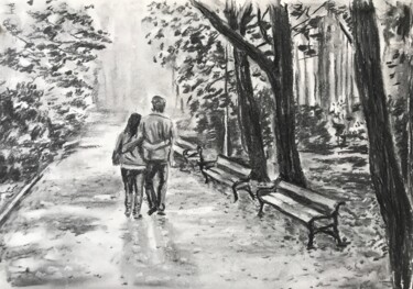 Drawing titled "Утро в парке" by Sergei Sokolov, Original Artwork, Charcoal