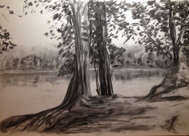 Drawing titled "Берег" by Sergei Sokolov, Original Artwork, Charcoal