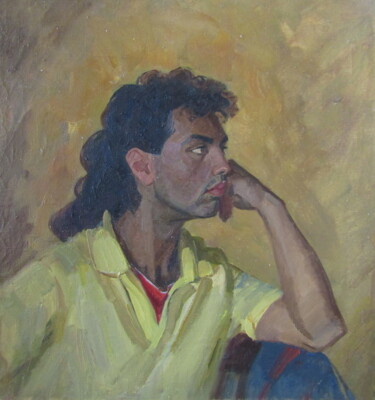 Painting titled "Портрет Гильермо" by Sergei Iurevich Gusev, Original Artwork, Oil Mounted on Wood Stretcher frame
