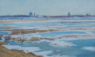 Painting titled "Ильин луг. Суздаль" by Sergei Iurevich Gusev, Original Artwork, Oil Mounted on Wood Stretcher frame