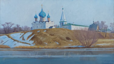 Painting titled "Тихий апрель" by Sergei Iurevich Gusev, Original Artwork, Oil Mounted on Wood Stretcher frame