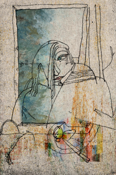 Prenten & gravures getiteld "Women by the Window" door Sergey Kostin, Origineel Kunstwerk, Potlood