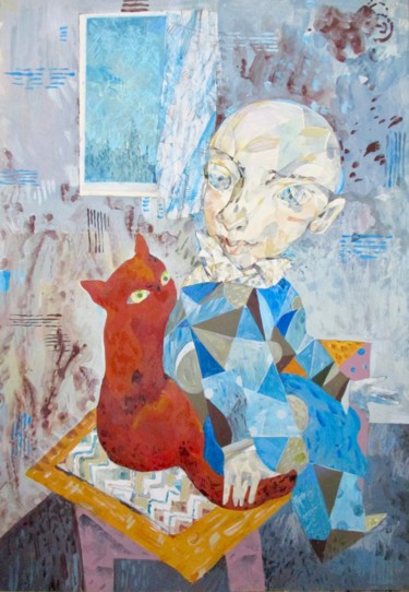 Malarstwo zatytułowany „Clown with Red Cat” autorstwa Sergey Kostin, Oryginalna praca, Akryl