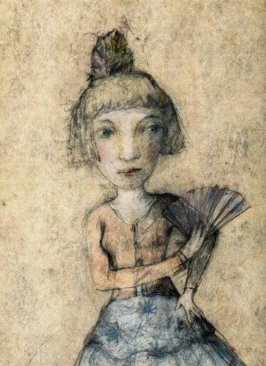 Ζωγραφική με τίτλο "Girl with a fam" από Sergey Kostin, Αυθεντικά έργα τέχνης, Γραφίτης