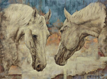 Картина под названием "Two horses" - Sergey Kuzmin, Подлинное произведение искусства, Масло Установлен на Деревянная рама дл…