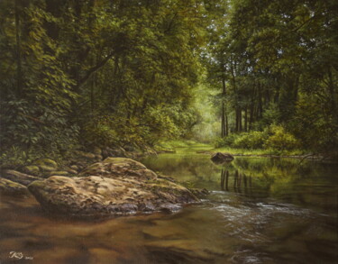 Pittura intitolato "Forest river" da Sergey Kuzmin, Opera d'arte originale, Olio