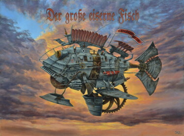 제목이 "The big iron fish"인 미술작품 Sergey Kuzmin로, 원작, 기름 나무 들것 프레임에 장착됨