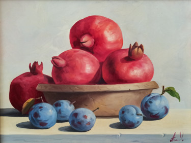 Painting titled "Still life with pom…" by Sergey Miqayelya, Original Artwork, Oil Mounted on Wood Stretcher frame