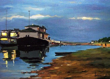 Картина под названием "Plyos. Pier in the…" - Sergey Potikha, Подлинное произведение искусства, Масло