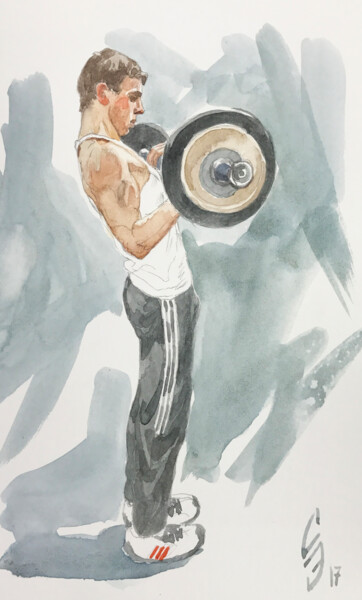 Zeichnungen mit dem Titel "Young Weightlifter" von Sergey Sovkov, Original-Kunstwerk, Aquarell