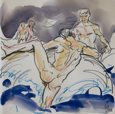 Drawing titled "Bathers among the c…" by Sergey Sovkov, Original Artwork, Watercolor