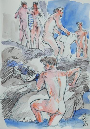 Dessin intitulée "Bathers on the stee…" par Sergey Sovkov, Œuvre d'art originale, Conté