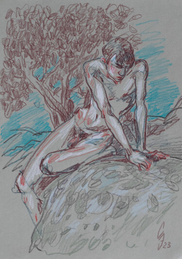 Рисунок под названием "Sad young man on a…" - Sergey Sovkov, Подлинное произведение искусства, Цветные карандаши