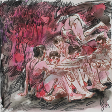 Σχέδιο με τίτλο "The team is resting" από Sergey Sovkov, Αυθεντικά έργα τέχνης, Ακουαρέλα